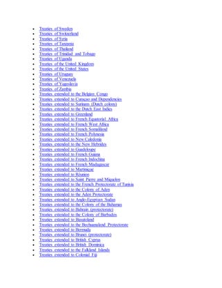  Treaties of Sweden
 Treaties of Switzerland
 Treaties of Syria
 Treaties of Tanzania
 Treaties of Thailand
 Treaties of Trinidad and Tobago
 Treaties of Uganda
 Treaties of the United Kingdom
 Treaties of the United States
 Treaties of Uruguay
 Treaties of Venezuela
 Treaties of Yugoslavia
 Treaties of Zambia
 Treaties extended to the Belgian Congo
 Treaties extended to Curaçao and Dependencies
 Treaties extended to Surinam (Dutch colony)
 Treaties extended to the Dutch East Indies
 Treaties extended to Greenland
 Treaties extended to French Equatorial Africa
 Treaties extended to French West Africa
 Treaties extended to French Somaliland
 Treaties extended to French Polynesia
 Treaties extended to New Caledonia
 Treaties extended to the New Hebrides
 Treaties extended to Guadeloupe
 Treaties extended to French Guiana
 Treaties extended to French Indochina
 Treaties extended to French Madagascar
 Treaties extended to Martinique
 Treaties extended to Réunion
 Treaties extended to Saint Pierre and Miquelon
 Treaties extended to the French Protectorate of Tunisia
 Treaties extended to the Colony of Aden
 Treaties extended to the Aden Protectorate
 Treaties extended to Anglo-Egyptian Sudan
 Treaties extended to the Colony of the Bahamas
 Treaties extended to Bahrain (protectorate)
 Treaties extended to the Colony of Barbados
 Treaties extended to Basutoland
 Treaties extended to the Bechuanaland Protectorate
 Treaties extended to Bermuda
 Treaties extended to Brunei (protectorate)
 Treaties extended to British Cyprus
 Treaties extended to British Dominica
 Treaties extended to the Falkland Islands
 Treaties extended to Colonial Fiji
 