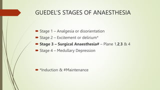 GUEDEL’S STAGES OF ANAESTHESIA
 Stage 1 – Analgesia or disorientation
 Stage 2 – Excitement or delirium*
 Stage 3 – Surgical Anaesthesia# – Plane 1,2,3 & 4
 Stage 4 – Medullary Depression
 *Induction & #Maintenance
 