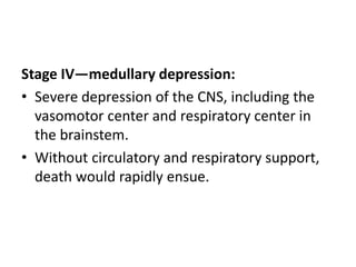 Stage IV—medullary depression:
• Severe depression of the CNS, including the
vasomotor center and respiratory center in
the brainstem.
• Without circulatory and respiratory support,
death would rapidly ensue.
 