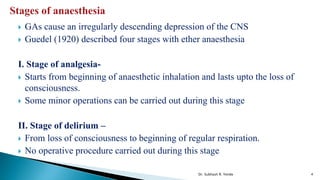  GAs cause an irregularly descending depression of the CNS
 Guedel (1920) described four stages with ether anaesthesia
I. Stage of analgesia-
 Starts from beginning of anaesthetic inhalation and lasts upto the loss of
consciousness.
 Some minor operations can be carried out during this stage
II. Stage of delirium –
 From loss of consciousness to beginning of regular respiration.
 No operative procedure carried out during this stage
4
Dr. Subhash R. Yende
 
