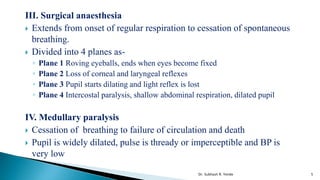 III. Surgical anaesthesia
 Extends from onset of regular respiration to cessation of spontaneous
breathing.
 Divided into 4 planes as-
◦ Plane 1 Roving eyeballs, ends when eyes become fixed
◦ Plane 2 Loss of corneal and laryngeal reflexes
◦ Plane 3 Pupil starts dilating and light reflex is lost
◦ Plane 4 Intercostal paralysis, shallow abdominal respiration, dilated pupil
IV. Medullary paralysis
 Cessation of breathing to failure of circulation and death
 Pupil is widely dilated, pulse is thready or imperceptible and BP is
very low
Dr. Subhash R. Yende 5
 