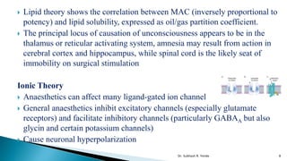  Lipid theory shows the correlation between MAC (inversely proportional to
potency) and lipid solubility, expressed as oil/gas partition coefficient.
 The principal locus of causation of unconsciousness appears to be in the
thalamus or reticular activating system, amnesia may result from action in
cerebral cortex and hippocampus, while spinal cord is the likely seat of
immobility on surgical stimulation
Ionic Theory
 Anaesthetics can affect many ligand-gated ion channel
 General anaesthetics inhibit excitatory channels (especially glutamate
receptors) and facilitate inhibitory channels (particularly GABAA but also
glycin and certain potassium channels)
 Cause neuronal hyperpolarization
8
Dr. Subhash R. Yende
 