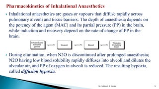  Inhalational anaesthetics are gases or vapours that diffuse rapidly across
pulmonary alveoli and tissue barriers. The depth of anaesthesia depends on
the potency of the agent (MAC) and its partial pressure (PP) in the brain,
while induction and recovery depend on the rate of change of PP in the
brain.
 During elimination, when N2O is discontinued after prolonged anaesthesia;
N2O having low blood solubility rapidly diffuses into alveoli and dilutes the
alveolar air, and PP of oxygen in alveoli is reduced. The resulting hypoxia,
called diffusion hypoxia.
9
Dr. Subhash R. Yende
 
