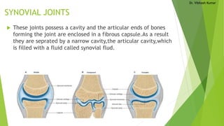Dr. Vibhash Kumar
SYNOVIAL JOINTS
 These joints possess a cavity and the articular ends of bones
forming the joint are enclosed in a fibrous capsule.As a result
they are seprated by a narrow cavity,the articular cavity,which
is filled with a fluid called synovial flud.
 