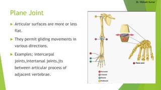 Dr. Vibhash Kumar
Plane Joint
 Articular surfaces are more or less
flat.
 They permit gliding movements in
various directions.
 Examples; intercarpal
joints,intertarsal joints,jts
between articular process of
adjacent vertebrae.
 