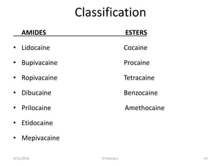 Classification
AMIDES ESTERS
• Lidocaine Cocaine
• Bupivacaine Procaine
• Ropivacaine Tetracaine
• Dibucaine Benzocaine
• Prilocaine Amethocaine
• Etidocaine
• Mepivacaine
9/21/2018 102Dr.Kiprop J.
 