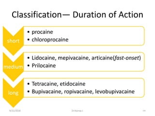 Classification— Duration of Action
9/21/2018 105
short
• procaine
• chloroprocaine
medium
• Lidocaine, mepivacaine, articaine(fast-onset)
• Prilocaine
long
• Tetracaine, etidocaine
• Bupivacaine, ropivacaine, levobupivacaine
Dr.Kiprop J.
 