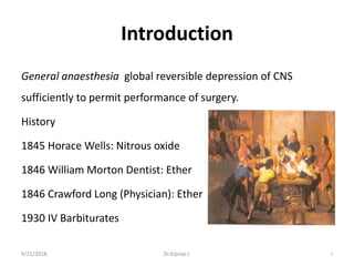 Introduction
General anaesthesia global reversible depression of CNS
sufficiently to permit performance of surgery.
History
1845 Horace Wells: Nitrous oxide
1846 William Morton Dentist: Ether
1846 Crawford Long (Physician): Ether
1930 IV Barbiturates
9/21/2018 5Dr.Kiprop J.
 