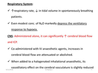 9/21/2018 71
Respiratory System:
 ↑respiratory rate, ↓ in tidal volume in spontaneously breathing
patients.
 Even modest conc. of N₂O markedly depress the ventilatory
response to hypoxia.
CNS: Administered alone, it can significantly ↑ cerebral blood flow
and ICP.
 Co-administered with IV anaesthetic agents, increases in
cerebral blood flow are attenuated or abolished.
 When added to a halogenated inhalational anaesthetic, its
vasodilatory effect on the cerebral vasculature is slightly reduced
Dr.Kiprop J.
 