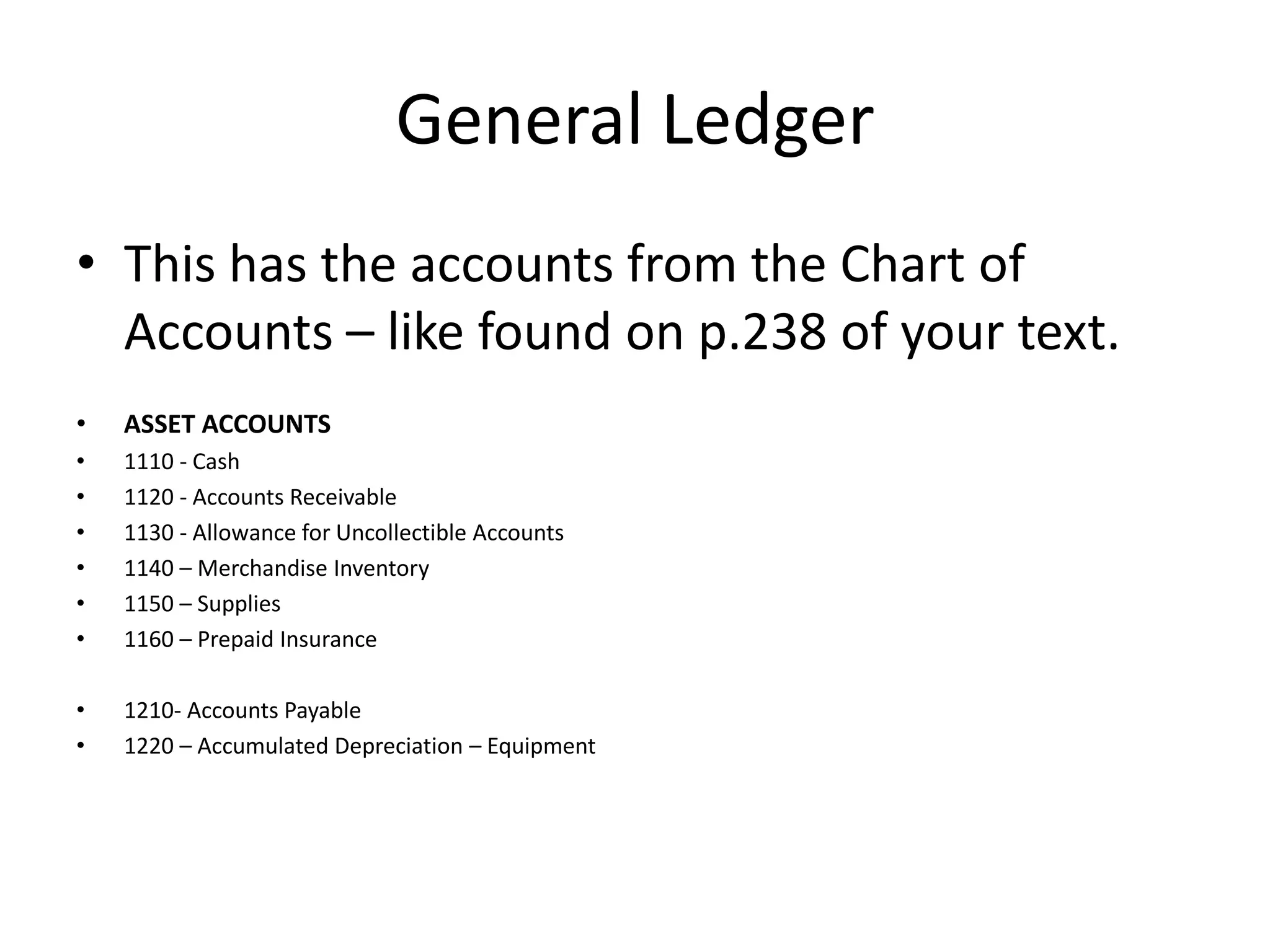 General LedgerThis has the accounts from the Chart of Accounts – like found on p.238 of your text.ASSET ACCOUNTS1110 - Cash1120 - Accounts Receivable 1130 - Allowance for Uncollectible Accounts1140 – Merchandise Inventory1150 – Supplies1160 – Prepaid Insurance1210- Accounts Payable1220 – Accumulated Depreciation – Equipment