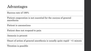 Advantages
Success rate of 100%
Patient cooperation is not essential for the success of general
anesthesia
Patient is unconscious
Patient does not respond to pain
Amnesia is present
Onset of action of general anesthesia is usually quite rapid - <1 minute
Titration is possible
 