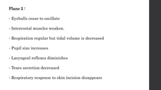 Plane 2 :
• Eyeballs cease to oscillate
• Intercostal muscles weaken.
• Respiration regular but tidal volume is decreased
• Pupil size increases
• Laryngeal reflexes diminishes
• Tears secretion decreased
• Respiratory response to skin incision disappears
 