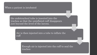 When a patient is intubated
the endotracheal tube is inserted into the
trachea so that the uninflated cuff disappears
just beyond the level of the larynx.
Air is then injected into a tube to inflate the
cuff
Enough air is injected into the cuff to seal the
trachea
 