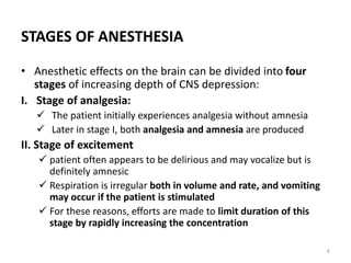 STAGES OF ANESTHESIA
• Anesthetic effects on the brain can be divided into four
stages of increasing depth of CNS depression:
I. Stage of analgesia:
 The patient initially experiences analgesia without amnesia
 Later in stage I, both analgesia and amnesia are produced
II. Stage of excitement
 patient often appears to be delirious and may vocalize but is
definitely amnesic
 Respiration is irregular both in volume and rate, and vomiting
may occur if the patient is stimulated
 For these reasons, efforts are made to limit duration of this
stage by rapidly increasing the concentration
6
 