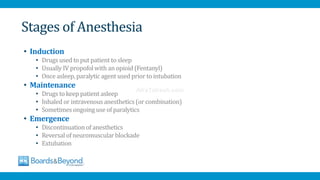 Stages of Anesthesia
• Induction
• Drugs used to put patient to sleep
• Usually IV propofolwith an opioid (Fentanyl)
• Once asleep, paralytic agent used prior to intubation
• Maintenance
• Drugs to keep patient asleep
• Inhaled or intravenous anesthetics (or combination)
• Sometimes ongoinguse of paralytics
• Emergence
• Discontinuationof anesthetics
• Reversal of neuromuscularblockade
• Extubation
AfraTafreeh.com
 