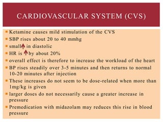 CARDIOVASCULAR SYSTEM (CVS)
 Ketamine causes mild stimulation of the CVS
 SBP rises about 20 to 40 mmhg
 small in diastolic
 HR is by about 20%
 overall effect is therefore to increase the workload of the heart
 BP rises steadily over 3-5 minutes and then returns to normal
10-20 minutes after injection
 These increases do not seem to be dose-related when more than
1mg/kg is given
 larger doses do not necessarily cause a greater increase in
pressure
 Premedication with midazolam may reduces this rise in blood
pressure
 