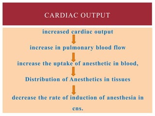 increased cardiac output
increase in pulmonary blood flow
increase the uptake of anesthetic in blood,
Distribution of Anesthetics in tissues
decrease the rate of induction of anesthesia in
cns.
CARDIAC OUTPUT
 