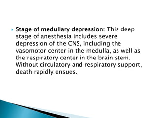  Stage of medullary depression: This deep
stage of anesthesia includes severe
depression of the CNS, including the
vasomotor center in the medulla, as well as
the respiratory center in the brain stem.
Without circulatory and respiratory support,
death rapidly ensues.
 