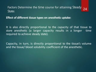 Factors Determine the time course for attaining Steady
State:
24
Effect of different tissue types on anesthetic uptake:
It is also directly proportional to the capacity of that tissue to
store anesthetic (a larger capacity results in a longer time
required to achieve steady state).
Capacity, in turn, is directly proportional to the tissue’s volume
and the tissue/ blood solubility coefficient of the anesthetic.
 
