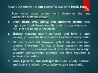 Factors Determine the time course for attaining Steady State:
Four major tissue compartments determine the time
course of anesthetic uptake:
a. Brain, heart, liver, kidney, and endocrine glands: these
highly perfused tissues rapidly attain a steady-state with
the PP of anesthetic in the blood.
b. Skeletal muscles: poorly perfused, and have a large
volume, prolong the time required to achieve steady-state.
c. Fat: poorly perfused. However, potent GA are very lipid
soluble. Therefore, fat has a large capacity to store
anesthetic. This combination of slow delivery to a high
capacity compartment prolongs the time required to
achieve steady-state.
d. Bone, ligaments, and cartilage: these are poorly perfused
and have a relatively low capacity to store anesthetic.
25
 