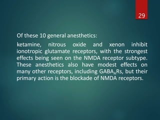 Of these 10 general anesthetics:
ketamine, nitrous oxide and xenon inhibit
ionotropic glutamate receptors, with the strongest
effects being seen on the NMDA receptor subtype.
These anesthetics also have modest effects on
many other receptors, including GABAARs, but their
primary action is the blockade of NMDA receptors.
29
 