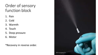 Order of sensory 
function block 
1. Pain 
2. Cold 
3. Warmth 
4. Touch 
5. Deep pressure 
6. Motor 
*Recovery in reverse order. 
 