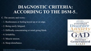 DIAGNOSTIC CRITERIA:
ACCORDING TO THE DSM-5[13,14]
C. The anxiety and worry:
– 1. Restlessness or feeling keyed up or on edge.
– 2. Being easily fatigued.
– 3. Difficulty concentrating or mind going blank.
– 4. Irritability.
– 5. Muscle tension.
– 6. Sleep disturbance. https://www.123rf.com/photo_53896742_gad-generalized-
anxiety-disorder-disease-abbreviation-.html
13 https://dsm.psychiatryonline.org/doi/10.1176/appi.books.9780890425596.dsm05
14https://www.ihs.gov/california/tasks/sites/default/assets/File/GPRA/C5_%20Anxiety%20Disorders%20(Liu)_508.pdf
 