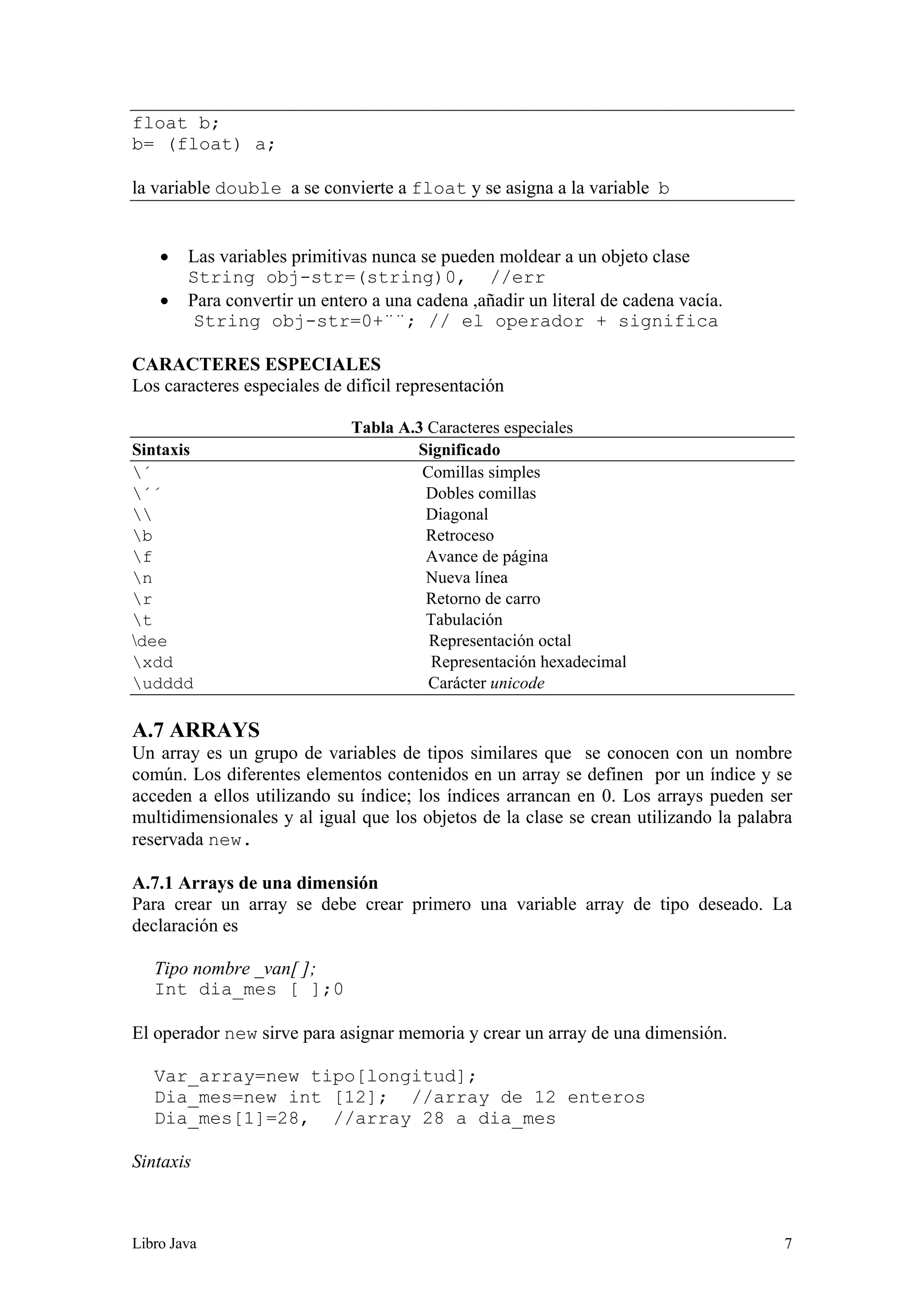 Libro Java 7
float b;
b= (float) a;
la variable double a se convierte a float y se asigna a la variable b
• Las variables primitivas nunca se pueden moldear a un objeto clase
String obj-str=(string)0, //err
• Para convertir un entero a una cadena ,añadir un literal de cadena vacía.
String obj-str=0+¨¨; // el operador + significa
CARACTERES ESPECIALES
Los caracteres especiales de difícil representación
Tabla A.3 Caracteres especiales
Sintaxis Significado
´ Comillas simples
´´ Dobles comillas
 Diagonal
b Retroceso
f Avance de página
n Nueva línea
r Retorno de carro
t Tabulación
dee Representación octal
xdd Representación hexadecimal
udddd Carácter unicode
A.7 ARRAYS
Un array es un grupo de variables de tipos similares que se conocen con un nombre
común. Los diferentes elementos contenidos en un array se definen por un índice y se
acceden a ellos utilizando su índice; los índices arrancan en 0. Los arrays pueden ser
multidimensionales y al igual que los objetos de la clase se crean utilizando la palabra
reservada new.
A.7.1 Arrays de una dimensión
Para crear un array se debe crear primero una variable array de tipo deseado. La
declaración es
Tipo nombre _van[ ];
Int dia_mes [ ];0
El operador new sirve para asignar memoria y crear un array de una dimensión.
Var_array=new tipo[longitud];
Dia_mes=new int [12]; //array de 12 enteros
Dia_mes[1]=28, //array 28 a dia_mes
Sintaxis
 