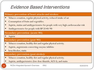 Evidence Based Interventions
9/24/2016
19 NCDs Integrated Aproach Overview ANU
Primary prevention of heart attacks and strokes:
 Tobacco cessation, regular physical activity, reduced intake of sat
 Consumption of fruits and vegetables.
 Aspirin, statins and antihypertensive for people with very high cardiovascular risk
 Antihypertensive for people with BP ≥140/90
Secondary prevention (acute MI)
 Aspirin
Secondary prevention (post MI)
 Tobacco cessation, healthy diet and regular physical activity.
 Aspirin, angiotensin-converting enzyme inhibito
 beta-blocker, statin
Secondary prevention (post stroke):
 Tobacco cessation, healthy diet and regular physical activity.
 Aspirin, antihypertensive (low dose thiazide,ACE-I), and statin
 