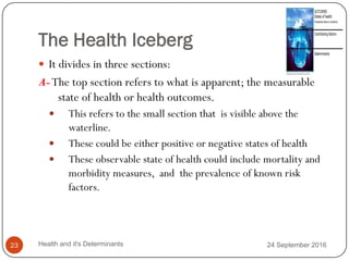The Health Iceberg
 It divides in three sections:
A-The top section refers to what is apparent; the measurable
state of health or health outcomes.
 This refers to the small section that is visible above the
waterline.
 These could be either positive or negative states of health
 These observable state of health could include mortality and
morbidity measures, and the prevalence of known risk
factors.
24 September 2016
23 Health and it's Determinants
 