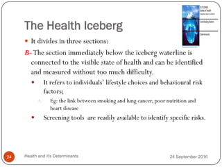 The Health Iceberg
 It divides in three sections:
B-The section immediately below the iceberg waterline is
connected to the visible state of health and can be identified
and measured without too much difficulty.
 It refers to individuals’ lifestyle choices and behavioural risk
factors;
A. Eg: the link between smoking and lung cancer, poor nutrition and
heart disease
 Screening tools are readily available to identify specific risks.
24 September 2016
24 Health and it's Determinants
 