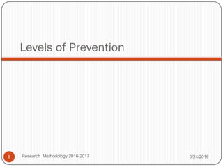 Levels of Prevention
9/24/2016
Research Methodology 2016-2017
8
 
