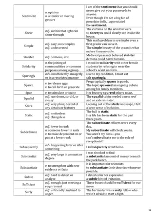 12
Sentiment
n. opinion
n. a tender or moving
gesture
I am of the sentiment that you should
never give out your passwords to
anyone.
Even though I’m not a big fan of
porcelain dolls, I appreciated
the sentiment.
Sheer
adj. so thin that light can
shine through
The curtains on the window were
so sheeryou could clearly see inside the
house.
Simple
adj. easy; not complex
adj. undecorated
This math problem is so simple even a
first grader can solve it.
The simple beauty of the ocean is what
makes it memorable.
Sinister adj. ominous, evil
Medieval peasants believed sinister
demons could harm humans.
Solidarity
n. the joining of
commonalities or common
purposes among a group
I stood in solidarity with other female
students by refusing to wear the
school’s sexist uniform.
Sparingly
adv. insufficiently, meagerly,
or in a restricted manner
Due to my condition, I must eat
salt sparingly.
Spawn
v. to release eggs
v. to call forth or generate
Frogs typically spawn in ponds.
The topic spawned an ongoing debate
among his family members.
Spur v. to stimulate or incite Her bravery spurred others to act.
Squalid
adj. run-down, sordid, or
sleazy
The squalid cabin needed a new roof
and an exterminator.
Stark
adj. very plain; devoid of
any details or features
Looking out at the stark landscape, I felt
a keen sense of isolation.
Static
adj. motionless
adj. changeless
The ball is static.
Her life has been static for the past
three years.
Subordinate
adj. lower in rank
n. someone lower in rank
v. to make dependent on or
put at a lower rank
The subordinate officers work every
day.
My subordinate will check you in.
You aren’t my boss—you
can’t subordinate me to the role of
receptionist!
Subsequently
adv. happening later or after
something
I subsequently went home.
Substantial
adj. very large in amount or
degree
I was shocked to find
a substantial amount of money beneath
the park bench.
Substantiate
v. to strengthen with new
evidence or facts
It is important for scientists
to substantiate their theories whenever
possible.
Subtle
adj. hard to detect or
analyze
I detected in her expression
a subtle hint of irritation.
Sufficient
adj. enough; just meeting a
requirement
These boxes should be sufficient for our
move.
Surly
adj. unfriendly; inclined to
anger
The bartender was a surly fellow who
wasn’t afraid to start a fight.
 