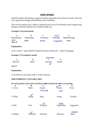 ODD WORD
Odd Word deals with finding a single word from among the given bunch of words. This tests
one’s general knowledge and familiarity with vocabulary.
This activity nurtures one’s ability to group the given set of words based on the category they
belong to and hence identify the word that stands out..
Example:1 (General based)
A B C D E
Dermatology Odontology Osteology Philology Ophthalmology
Ans: D
Explanation:
A, B, C and E - study related to human body parts whereas D – study of languages
Example: 2 (Vocabulary based)
A B C D
Beseech plead decreed request
Ans: C
Explanation:
A, B and D are synonyms while C is their antonym
ODD WORD OUT (VOCABULARY)
In each question, choose the word that is different from the others in meaning.
A B C D E
1. Cover Mask Facade Cavern Front
2. Filthy Stingy Dirty Grimy Unclean
3. Hint Clue Warranty Implication Suggestion
4. Reduce Demolish Diminish Decrease Abate
skin teeth bones eyes
Linguistics
command
front wall cave
imply
weaken
 