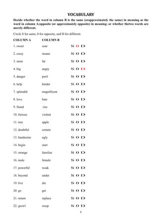 5
VOCABULARY
Decide whether the word in column B is the same (orapproximately the same) in meaning as the
word in column A;opposite (or approximately opposite) in meaning; or whether thetwo words are
merely different.
Circle S for same, 0 for opposite, and D for different.
COLUMN A COLUMN B
1. sweet sour S 0 D
2. crazy insane S 0 D
3. stout fat S 0 D
4. big angry S 0 D
5. danger peril S 0 D
6. help hinder S 0 D
7. splendid magnificent S 0 D
8. love hate S 0 D
9. Stand rise S 0 D
10. furious violent S 0 D
11. tree apple S 0 D
12. doubtful certain S 0 D
13. handsome ugly S 0 D
14. begin start S 0 D
15. strange familiar S 0 D
16. male female S 0 D
17. powerful weak S 0 D
18. beyond under S 0 D
19. live die S 0 D
20. go get S 0 D
21. return replace S 0 D
22. growl weep S 0 D
 