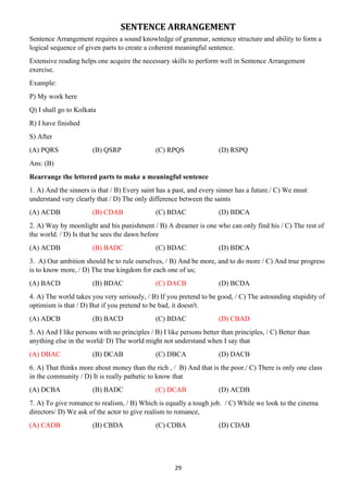 29
SENTENCE ARRANGEMENT
Sentence Arrangement requires a sound knowledge of grammar, sentence structure and ability to form a
logical sequence of given parts to create a coherent meaningful sentence.
Extensive reading helps one acquire the necessary skills to perform well in Sentence Arrangement
exercise.
Example:
P) My work here
Q) I shall go to Kolkata
R) I have finished
S) After
(A) PQRS (B) QSRP (C) RPQS (D) RSPQ
Ans: (B)
Rearrange the lettered parts to make a meaningful sentence
1. A) And the sinners is that / B) Every saint has a past, and every sinner has a future./ C) We must
understand very clearly that / D) The only difference between the saints
(A) ACDB (B) CDAB (C) BDAC (D) BDCA
2. A) Way by moonlight and his punishment / B) A dreamer is one who can only find his / C) The rest of
the world. / D) Is that he sees the dawn before
(A) ACDB (B) BADC (C) BDAC (D) BDCA
3. A) Our ambition should be to rule ourselves, / B) And be more, and to do more / C) And true progress
is to know more, / D) The true kingdom for each one of us;
(A) BACD (B) BDAC (C) DACB (D) BCDA
4. A) The world takes you very seriously, / B) If you pretend to be good, / C) The astounding stupidity of
optimism is that / D) But if you pretend to be bad, it doesn't.
(A) ADCB (B) BACD (C) BDAC (D) CBAD
5. A) And I like persons with no principles / B) I like persons better than principles, / C) Better than
anything else in the world/ D) The world might not understand when I say that
(A) DBAC (B) DCAB (C) DBCA (D) DACB
6. A) That thinks more about money than the rich , / B) And that is the poor./ C) There is only one class
in the community / D) It is really pathetic to know that
(A) DCBA (B) BADC (C) DCAB (D) ACDB
7. A) To give romance to realism, / B) Which is equally a tough job. / C) While we look to the cinema
directors/ D) We ask of the actor to give realism to romance,
(A) CADB (B) CBDA (C) CDBA (D) CDAB
 