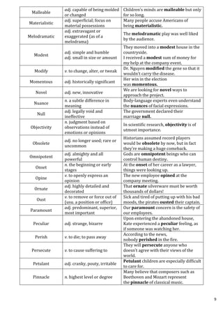 9
Malleable
adj. capable of being molded
or changed
Children’s minds are malleable but only
for so long.
Materialistic
adj. superficial; focus on
material possessions
Many people accuse Americans of
being materialistic.
Melodramatic
adj. extravagant or
exaggerated (as of a
melodrama)
The melodramatic play was well liked
by the audience.
Modest
adj. simple and humble
adj. small in size or amount
They moved into a modest house in the
countryside.
I received a modest sum of money for
my help at the company event.
Modify v. to change, alter, or tweak
Dr. Nguyen modified the gene so that it
wouldn’t carry the disease.
Momentous adj. historically significant
Her win in the election
was momentous.
Novel adj. new, innovative
We are looking for novel ways to
approach the project.
Nuance
n. a subtle difference in
meaning
Body-language experts even understand
the nuances of facial expressions.
Null
adj. legally void and
ineffective
The government declared their
marriage null.
Objectivity
n. judgment based on
observations instead of
emotions or opinions
In scientific research, objectivity is of
utmost importance.
Obsolete
adj. no longer used; rare or
uncommon
Historians assumed record players
would be obsolete by now, but in fact
they’re making a huge comeback.
Omnipotent
adj. almighty and all
powerful
Gods are omnipotent beings who can
control human destiny.
Onset
n. the beginning or early
stages
At the onset of her career as a lawyer,
things were looking up.
Opine
v. to openly express an
opinion
The new employee opined at the
company meeting.
Ornate
adj. highly detailed and
decorated
That ornate silverware must be worth
thousands of dollars!
Oust
v. to remove or force out of
(usu. a position or office)
Sick and tired of putting up with his bad
moods, the pirates ousted their captain.
Paramount
adj. predominant, superior,
most important
Our paramount concern is the safety of
our employees.
Peculiar adj. strange, bizarre
Upon entering the abandoned house,
Kate experienced a peculiar feeling, as
if someone was watching her.
Perish v. to die; to pass away
According to the news,
nobody perished in the fire.
Persecute v. to cause suffering to
They will persecute anyone who
doesn’t agree with their views of the
world.
Petulant adj. cranky, pouty, irritable
Petulant children are especially difficult
to care for.
Pinnacle n. highest level or degree
Many believe that composers such as
Beethoven and Mozart represent
the pinnacle of classical music.
 