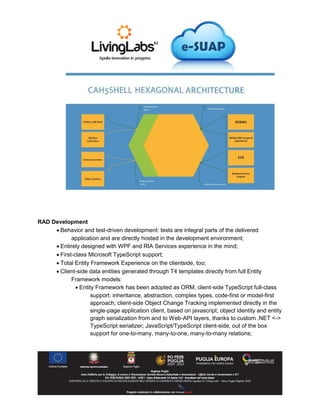 RAD Development
 Behavior and test-driven development: tests are integral parts of the delivered
application and are directly hosted in the development environment;
 Entirely designed with WPF and RIA Services experience in the mind;
 First-class Microsoft TypeScript support;
 Total Entity Framework Experience on the clientside, too;
 Client-side data entities generated through T4 templates directly from full Entity
Framework models:
 Entity Framework has been adopted as ORM, client-side TypeScript full-class
support: inheritance, abstraction, complex types, code-first or model-first
approach; client-side Object Change Tracking implemented directly in the
single-page application client, based on javascript; object identity and entity
graph serialization from and to Web-API layers, thanks to custom .NET <->
TypeScript serializer; JavaScript/TypeScript client-side, out of the box
support for one-to-many, many-to-one, many-to-many relations;
 