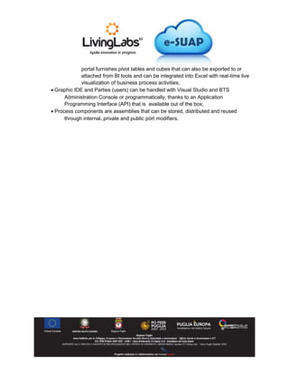 portal furnishes pivot tables and cubes that can also be exported to or
attached from BI tools and can be integrated into Excel with real-time live
visualization of business process activities;
 Graphic IDE and Parties (users) can be handled with Visual Studio and BTS
Administration Console or programmatically, thanks to an Application
Programming Interface (API) that is available out of the box;
 Process components are assemblies that can be stored, distributed and reused
through internal, private and public port modifiers.
 