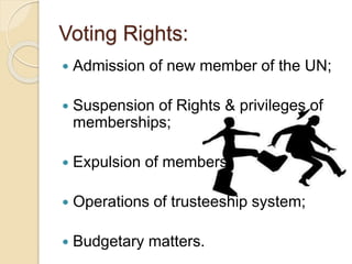 Voting Rights:
 Admission of new member of the UN;
 Suspension of Rights & privileges of
memberships;
 Expulsion of members;
 Operations of trusteeship system;
 Budgetary matters.
 