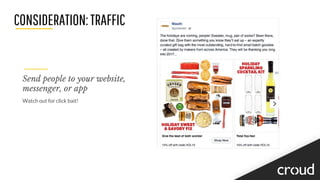 CONSIDERATION:TRAFFIC
Watch out for click bait!
Send people to your website,
messenger, or app
 