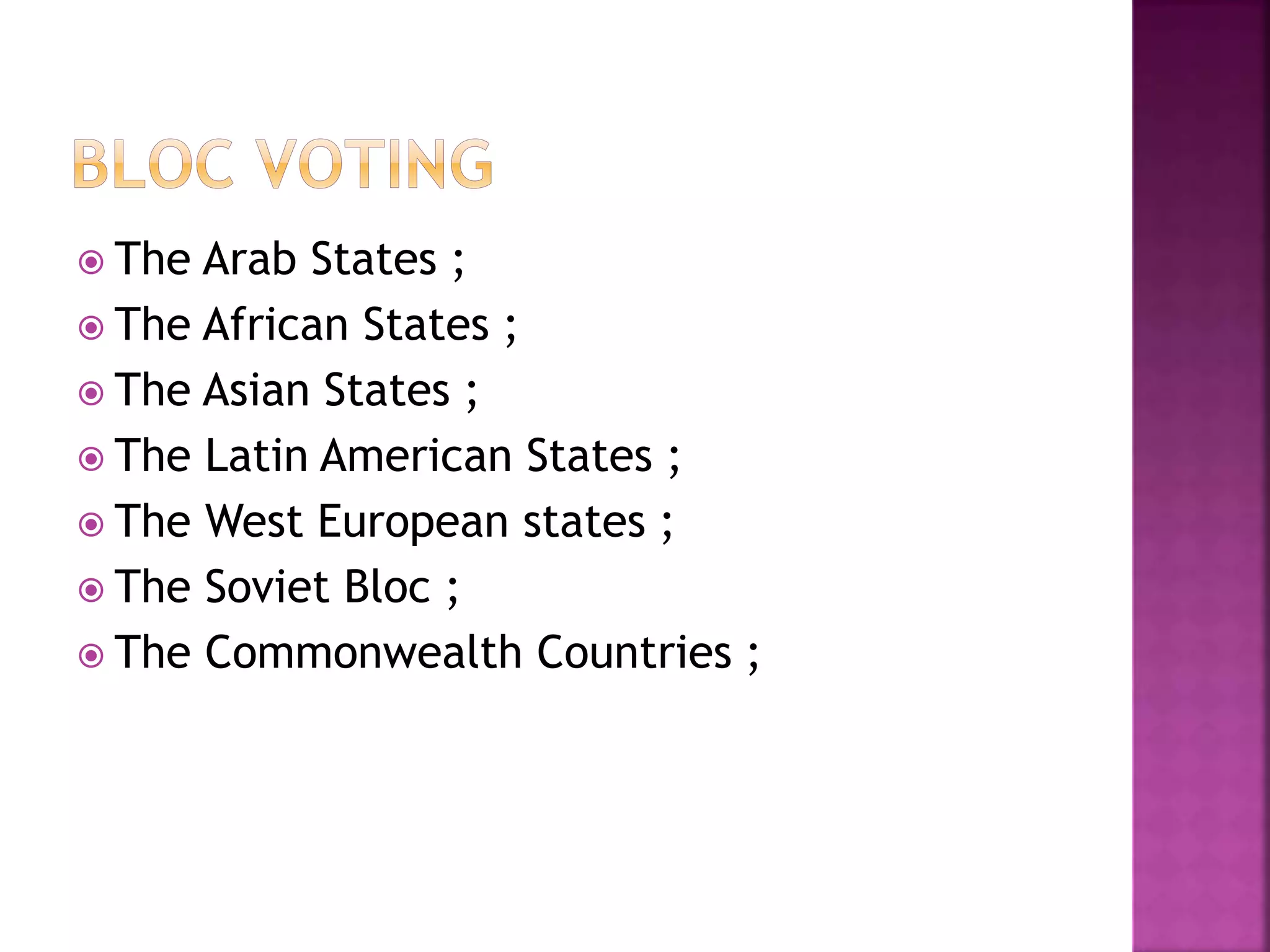  The Arab States ;
 The African States ;
 The Asian States ;
 The Latin American States ;
 The West European states ;
 The Soviet Bloc ;
 The Commonwealth Countries ;
 