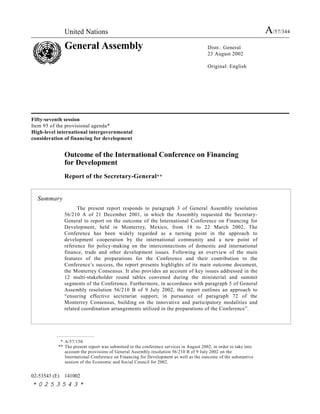 General Assembly: Outcome of the International Conference on Financing ...