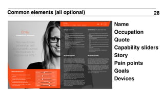 28Common elements (all optional)
Name
Occupation
Quote
Capability sliders
Story
Pain points
Goals
Devices
 