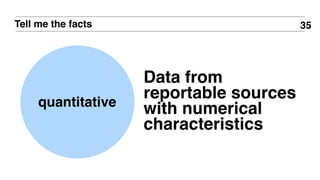 35Tell me the facts
quantitative
Data from
reportable sources
with numerical
characteristics
 