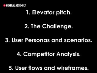 1. Elevator pitch.
2. The Challenge.
3. User Personas and scenarios.
4. Competitor Analysis.
5. User flows and wireframes.

 
