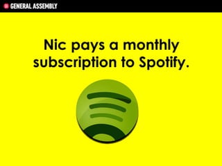 Nic pays a monthly
subscription to Spotify.

 