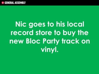 Nic goes to his local
record store to buy the
new Bloc Party track on
vinyl.

 