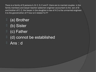 There is a family of 6 persons A, B, C, D, E and F. there are to married couples in the
family members and lawyer teacher salesmen engineer accountant is the son of B
and brother of E .C, the lawyer in the daughter-in-law of A E is the unmarried engineer.
A is the grandmother of F how is E related To F?


    (a) Brother
    (b) Sister
    (c) Father
    (d) connot be established
    Ans : d
 