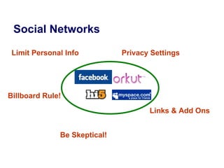 Social Networks Limit Personal Info Privacy Settings Billboard Rule! Be Skeptical! Links & Add Ons 